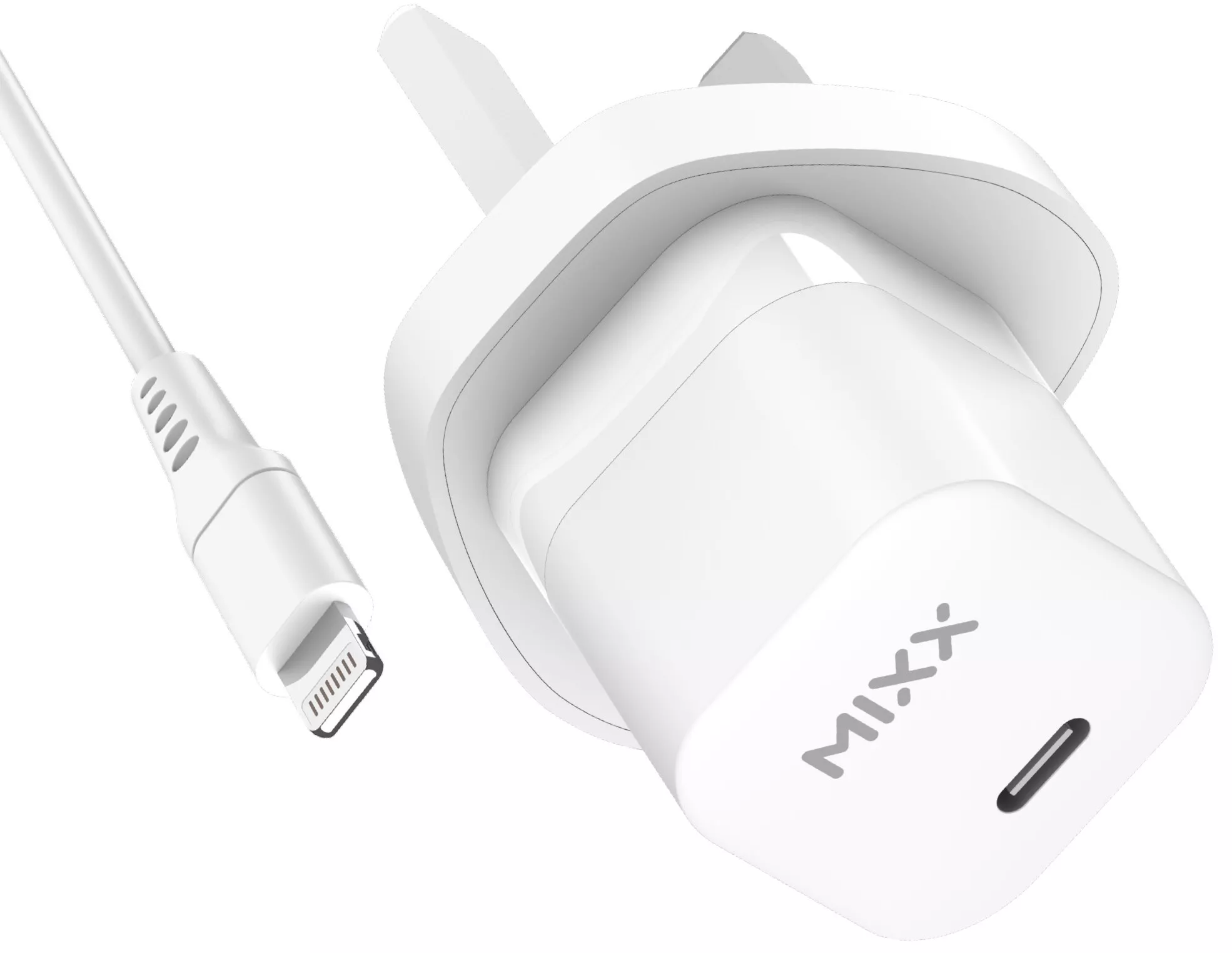 Mixx Single port USB C PD 25W UK Wall Plug Charger White with Lightning Cable